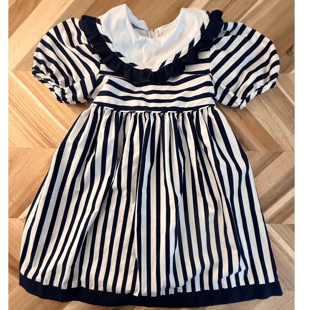 VTG Ruth of Carolina Girls 4 Navy White Stripe Dress Puff Sleeve Nautical‎ Beach